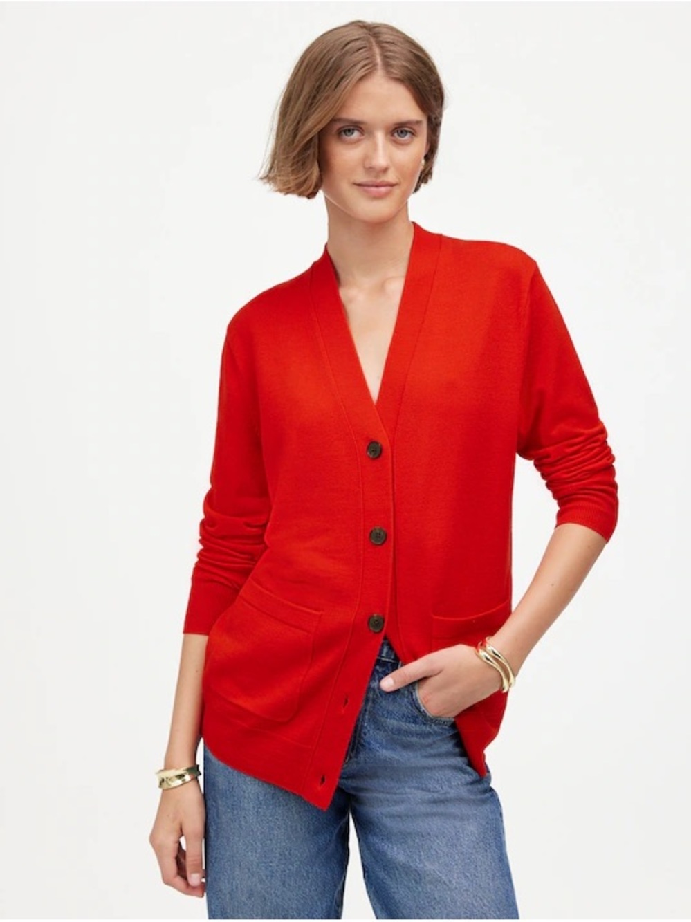 Madewell Bright Red V-Neck Button Cardigan